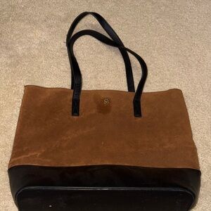 Brown Suede and Black Leather Tote Bag